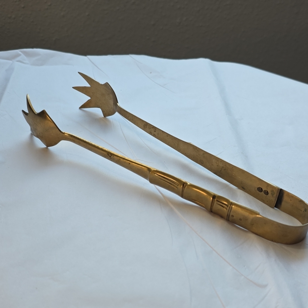 Solid Brass Vintage Tongs Bamboo Pattern